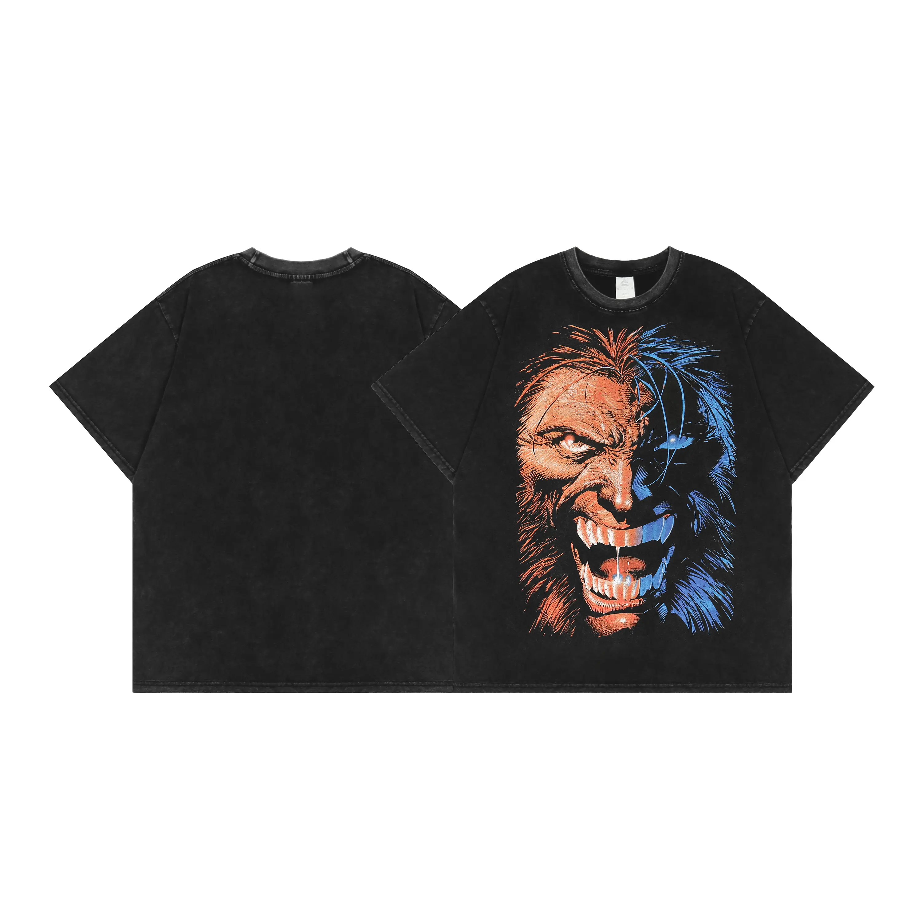 Fashion vlones wholesale men's 100% cotton T-shirt Pullover lion print men's short sleeved washed Black Wholesale