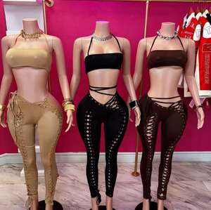 女性服セクシーレースアップカラー中空ホルタータンクトップとスキニーフィットパンツセット女性ロングパンツツーピースロングセット - Product Image 1