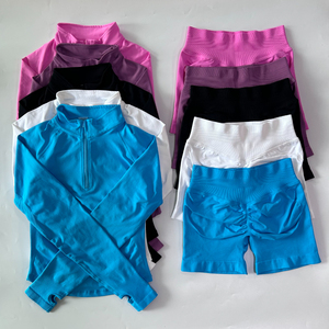 DCK-903 2pcs Long Sleeve Yoga Set <strong>Women</strong> Half Zippy Jacket Longline Sports Top Gym <strong>Shorts</strong> Fitness <strong>Suits</strong> Running Coats Workout Set - Product Image 3