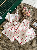 Ensemble pyjama 3 pièces en satin pour femme, imprimé cœurs, avec débardeur à fines bretelles, short et pantalon long respirant à taille élastique – Vente en gros usine