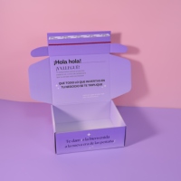 Boîte d'expédition en carton ondulé personnalisée avec bande déchirable, violet lavande, impression texte espagnol intégrale à l'intérieur, pour emballage de cils de marque