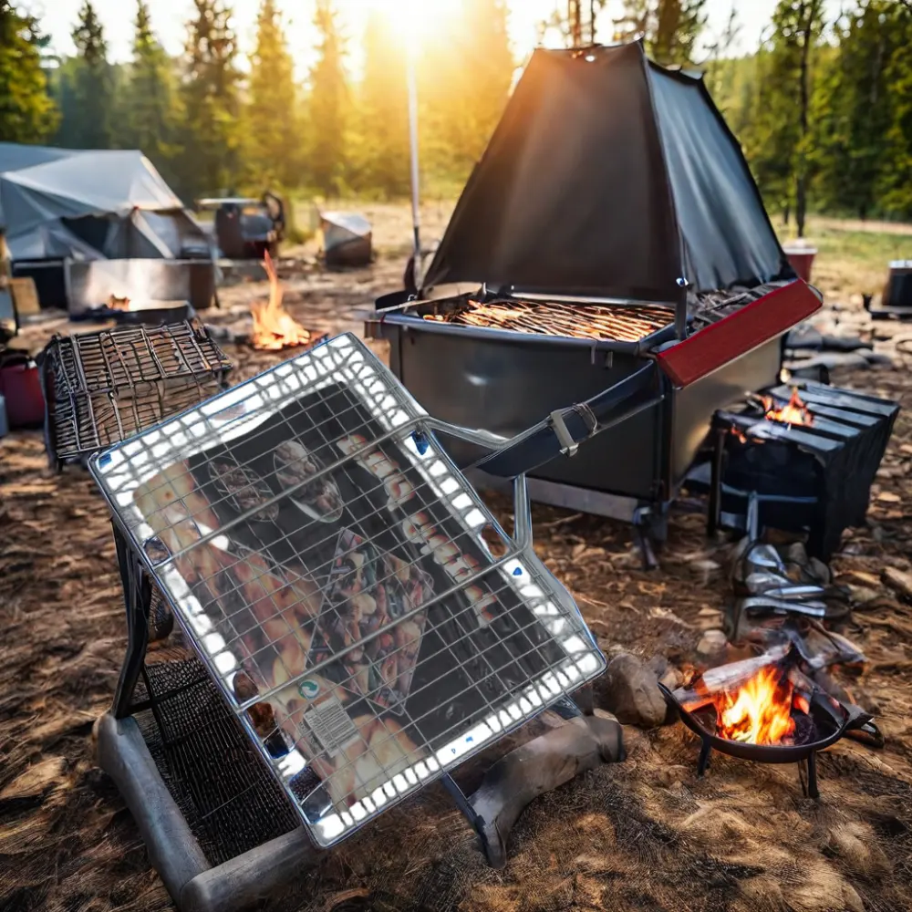 Taşınabilir barbekü izgara Net sepet krom kaplama kızartma izgara tepsi ahşap saplı Metal araçları açık barbekü Net sepet