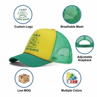 Gorras Trucker Personalizadas de 5 Paneles con Malla de Espuma Retro Amarillo Verde, Estampadas con 'Camp Know Where' y Cuerda Tejida, para Verano, Venta al por Mayor