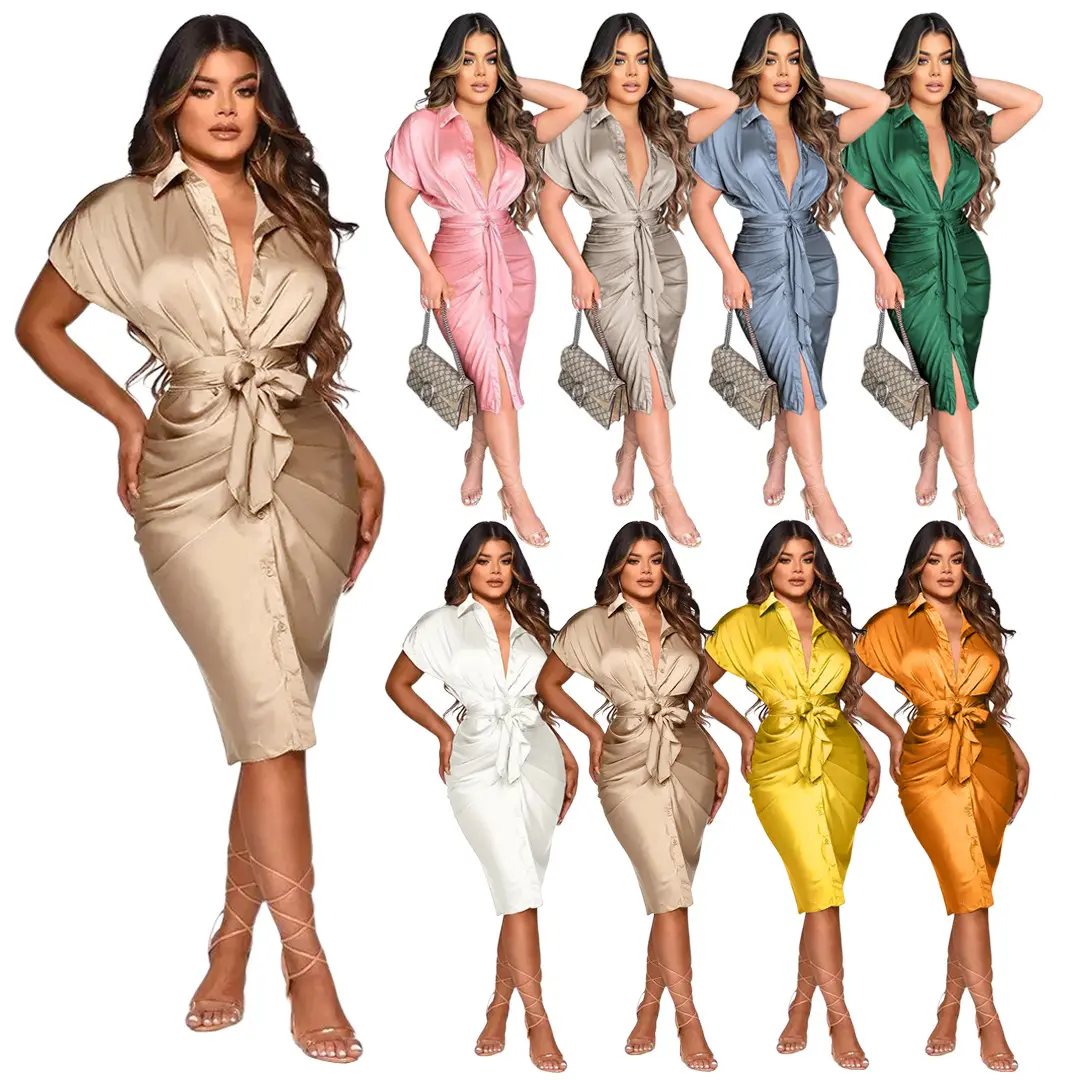 Wholesale new Solid Color Ruched Bandage Stylish Sexy Satin Shirt Dress Plus Size Women'S Dresses