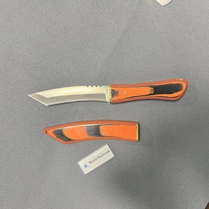 Funda de mango de madera de color naranja y negro, 67 capas, hoja de acero de Damasco arqueada, hebilla de cinturón de PU, cuchillo de hoja fija de caza, funda de EVA - Product Image 5