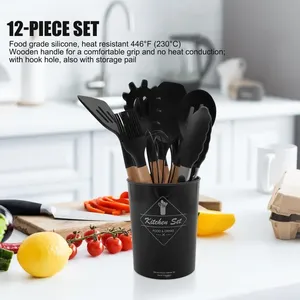 Ensemble de 12 ustensiles de cuisine en silicone avec manche en bois, antiadhésifs, pour casseroles, avec seau de rangement - Product Image 2