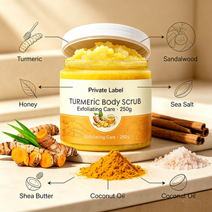 สครับขมิ้นบำรุงผิวกายแบบผลิตภายใต้แบรนด์ของลูกค้า (OEM/ODM) สูตรผลัดเซลล์ผิวกระจ่างใส ชุ่มชื้น ด้วยเชียบัตเตอร์และเกลือขัดผิวหน้า - Product Image 2