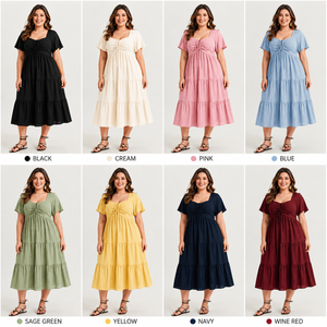 Robe midi décontractée d'été à col carré, manches courtes et volants, grande taille, pour femmes rondes - Vente en gros - Product Image 2