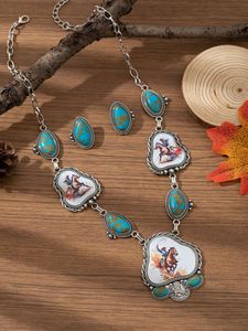 Conjunto de Joyería <span class=keywords><strong>Vaquera</strong></span> Retro al por Mayor, Nuevo, de Aleación con Turquesa, Estampado de Caballo y Vaquero, Collar Largo y Pendientes Colgantes, Set de 2 Piezas - Product Image 5