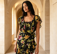 Robe longue en mousseline noire à volants et imprimé floral, dos ouvert, fente haute, pour femme grande taille, idéale pour soirée, mariage ou invitées
