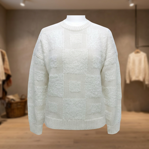 Pull en tricot texturé blanc pour femme, col rond, manches longues, vêtement décontracté d'hiver - Product Image 1