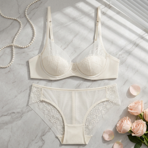 Conjunto de Lencería de Encaje Floral Blanco al por Mayor, Tallas Grandes, Sujetador con Aros Cómodo y Bragas de Cintura Media, Conjunto de 2 Piezas, Lencería Elegante - Product Image 3