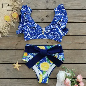 2023 new two-piece swimsuit women's double-layer ruffled V-neck high waist pressure line strap bow sexy bikini swimwear