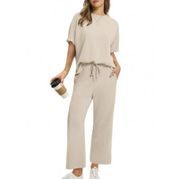 Ensembles deux pièces pour femmes, automne, tissu uni, manches courtes, hauts à col montant, pantalons à jambes larges, tenues de vacances et de voyage
