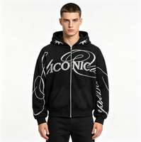 Sweat à capuche zippé pour homme ICONIC avec strass, imprimé tribal noir, veste décontractée streetwear