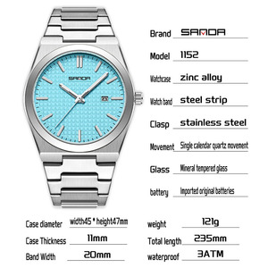 Montre à quartz minimaliste Sanda 1152 avec date, cadran lumineux, bracelet en acier inoxydable, étanche, pour un style décontracté et professionnel - Product Image 2