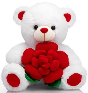 Teddy Bear Stuffed Animals Plush Bear Holding Rose Soft Plush Toy Valentine's Day 16 Inch White