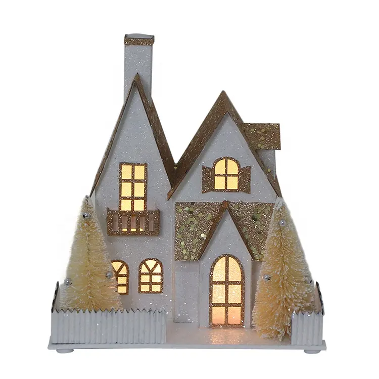 Handmade Shiny Sequin LED Light-Up Paper Christmas Village Decoration With LED Light Gold Miniature Christmas Village Houses