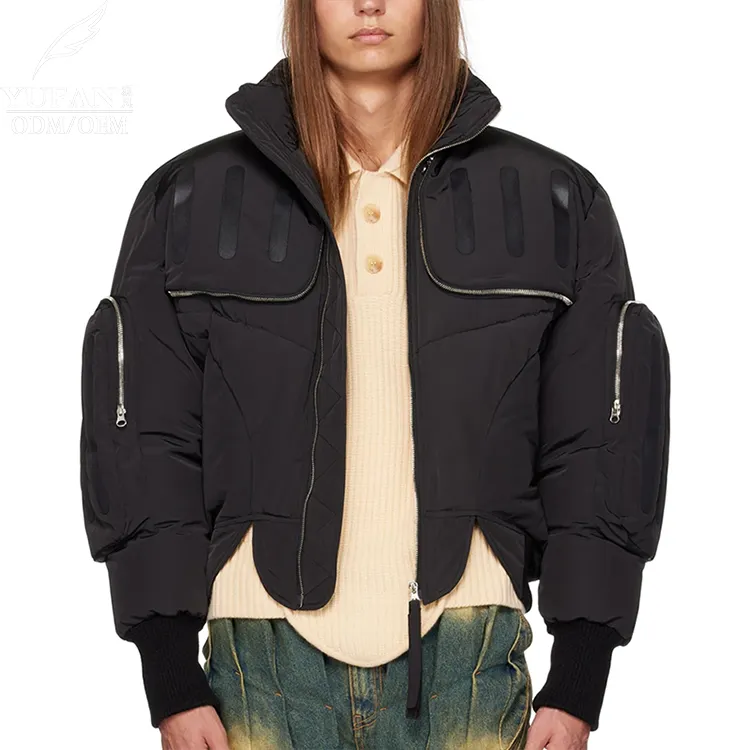 YuFan personalizado OEM ODM chaqueta de invierno hombres tafetán cuello embudo negro abajo chaqueta Grosgrain rayas