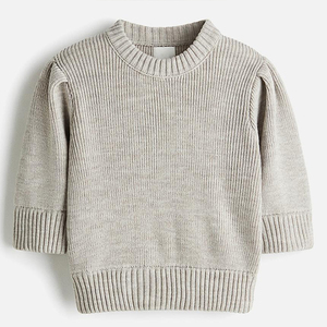 Suéter de punto acanalado color avena para mujer, cuello redondo, manga abullonada, largo recortado, dobladillo acanalado, casual, primavera otoño - Product Image 4