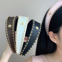 Aro de pelo con etiqueta de cadena de satén a la moda para niñas, cadena de borde fino de Metal de Color sólido, accesorios para el cabello, bandas anchas de lujo con letras