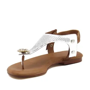 Sandal Kulit Flip-Flop untuk Wanita, Sandal Selop Kulit Sol Lembut Tali T Dapat Diganti-ganti dengan Permata Jari Kaki