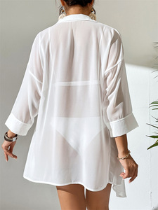 2024 moda Camiseta larga gasa blanca pareos botón Bikini cubrir señoras sólido traje <span class=keywords><strong>de</strong></span> <span class=keywords><strong>baño</strong></span> playa cubrir Ups para mujeres - Product Image 4