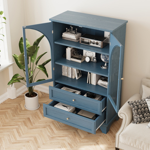 Vetrina con Porta in Vetro, Armadio Espositivo 52.17"H con 2 Cassetti e Ripiano Regolabile, Mobile Contenitore per Soggiorno - Product Image 4