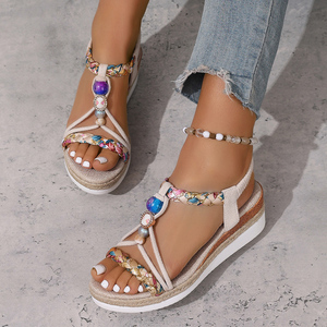 Sandali Donna Sportivi Estivi Bohemien <span class=keywords><strong>con</strong></span> <span class=keywords><strong>Zeppa</strong></span> Intrecciata e Perline, Tomaia in Tessuto, Suola in PU, Comodi e Morbidi, <span class=keywords><strong>con</strong></span> Punta Aperta, Stile Espadrillas e Plateau - Product Image 2