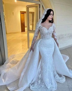 Abiti da Sposa Lusso Personalizzati Stile Sirena con Strascico Staccabile, Romantici in Pizzo a Maniche Lunghe per Vestiti da Sposa - Product Image 4