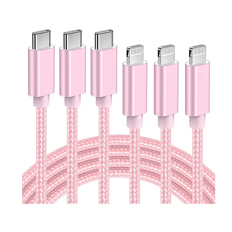 Qunits Wholesale Premium Quality 3Pack Pink Color Nylon Braid USB Sync Cable Data Cable for Apple products