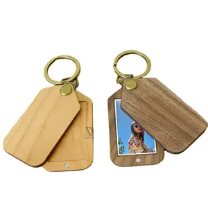 Gỗ Keychain Laser trống móc khóa bằng gỗ với khung ảnh vòng chìa khóa cho quà tặng CHA