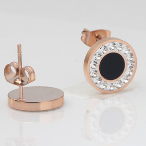 Rose Gold Round <b>Stud</b> <b>Earrings</b> With Crystal Circle <b>Black</b> Center Stainless Steel For Party Women Fashion Jewelry - Product Image 3
