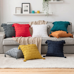 Housses de coussin en lin personnalisées directement à l'usine, bords taillés, glands en macramé, taie d'oreiller 18x18, <span class=keywords><strong>housse</strong></span> d'oreiller de ferme - Product Image 1