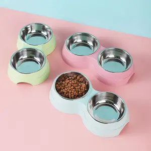 厂家批发绿色蓝色粉色可拆卸吸管狗两个不锈钢碗