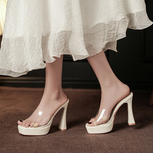 9696D Transparent Heeled Slides <b>Platform</b> Chunky <b>Heel</b> <b>Open</b> <b>Toe</b> Waterproof Summer Shoes - Product Image 3