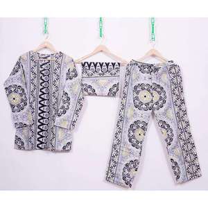 Ensemble de pyjama en satin à imprimé floral pour femmes 2024, 100% coton, col en V, décontracté, respirant, taille élastique, manches longues, longueur complète - Product Image 1