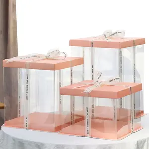 Toptan yüksek kaliteli PVC plastik şeffaf kek kutuları özel fırın kare pembe şeffaf kek paketleme kutusu