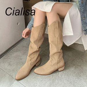 Bottes mi-hautes en <span class=keywords><strong>daim</strong></span> <span class=keywords><strong>beige</strong></span> décontractées Cialisa, en cuir véritable, pour l'automne et l'hiver, talons blocs, bottes longues noires de style western - Product Image 1