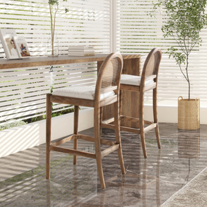 Counter Height <b>Bar</b> <b>Stools</b> Set <b>2</b> Adjustable Mid Century Modern Wood Rattan Back Comfortable Sherpa Upholstery Dining Bedroom - Product Image 2