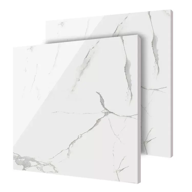 ขายร้อน Carrara กระเบื้องเคลือบพื้นสีขาวห้องนั่งเล่นขัดห้องน้ำพอร์ซเลนกระเบื้องหินอ่อนราคาถูก