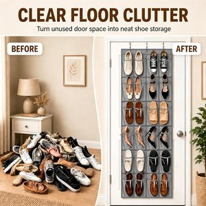 Over The Door <b>Shoe</b> Organizer 24 Pockets Gray Metal <b>Hooks</b> Multifunctional Storage Rack For <b>Shoes</b> Closet Door Wall Mount - Product Image 2