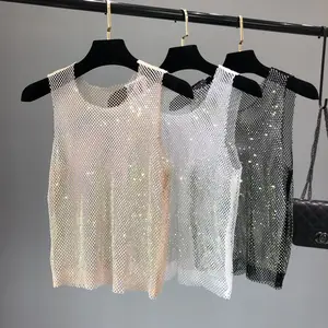 Summer 2023 New Goddess Brilliant Diamond Vest Openwork Hot Diamond Blingbling Super Fairy Thin Mesh ShirtRhinestone T-shirt Shi