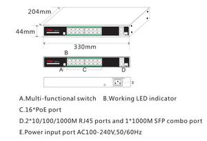 Commutateurs réseau 16 ports PoE 10/100M + 2 ports Uplink RJ45 10/100/1000M 1 port fibre SFP 1000M Commutateur Gigabit AI - Product Image 2