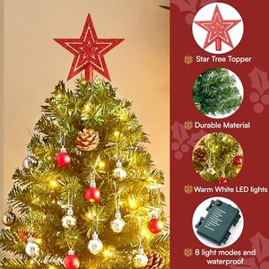 Petit sapin de Noël de table avec 30 lumières, boules étoiles, baies rouges, cônes de pin, mini sapin artificiel décoré pour Noël - Product Image 5