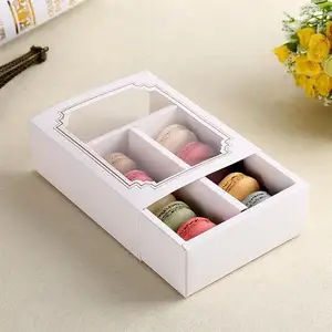 Kotak kemasan kartu kertas geser desain kustom wadah Macaron kue manis kualitas makanan kotak kemasan kue dengan jendela