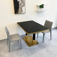 Table à manger rectangulaire avec finition or rose, base à double piétement, table de luxe pour restaurant commercial, hôtel, mobilier de salle à manger, vente en gros