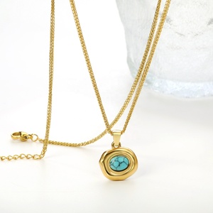Collar de Acero Inoxidable con Colgante de Piedra Turquesa Geométrica, Estilo Minimalista, Chapado en Oro de 18K, Collar Redondo Irregular - Product Image 4