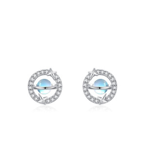 Boucles d'oreilles personnalisables en argent sterling S925 avec zircon rond et pierre de lune, motif ciel étoilé - Un cadeau romantique pour femme - Product Image 1