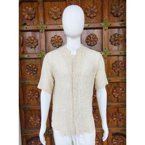 เสื้อเชิ้ตผู้ชายลำลอง ผ้าฝ้ายทอ 100% แขนสั้น คอจีน ลายพิมพ์บล็อก ดีไซน์กระดุม กระเป๋า ผลิตตามแบบ ODM ระบายอากาศได้ดี เป็นมิตรกับสิ่งแวดล้อม - Product Image 1